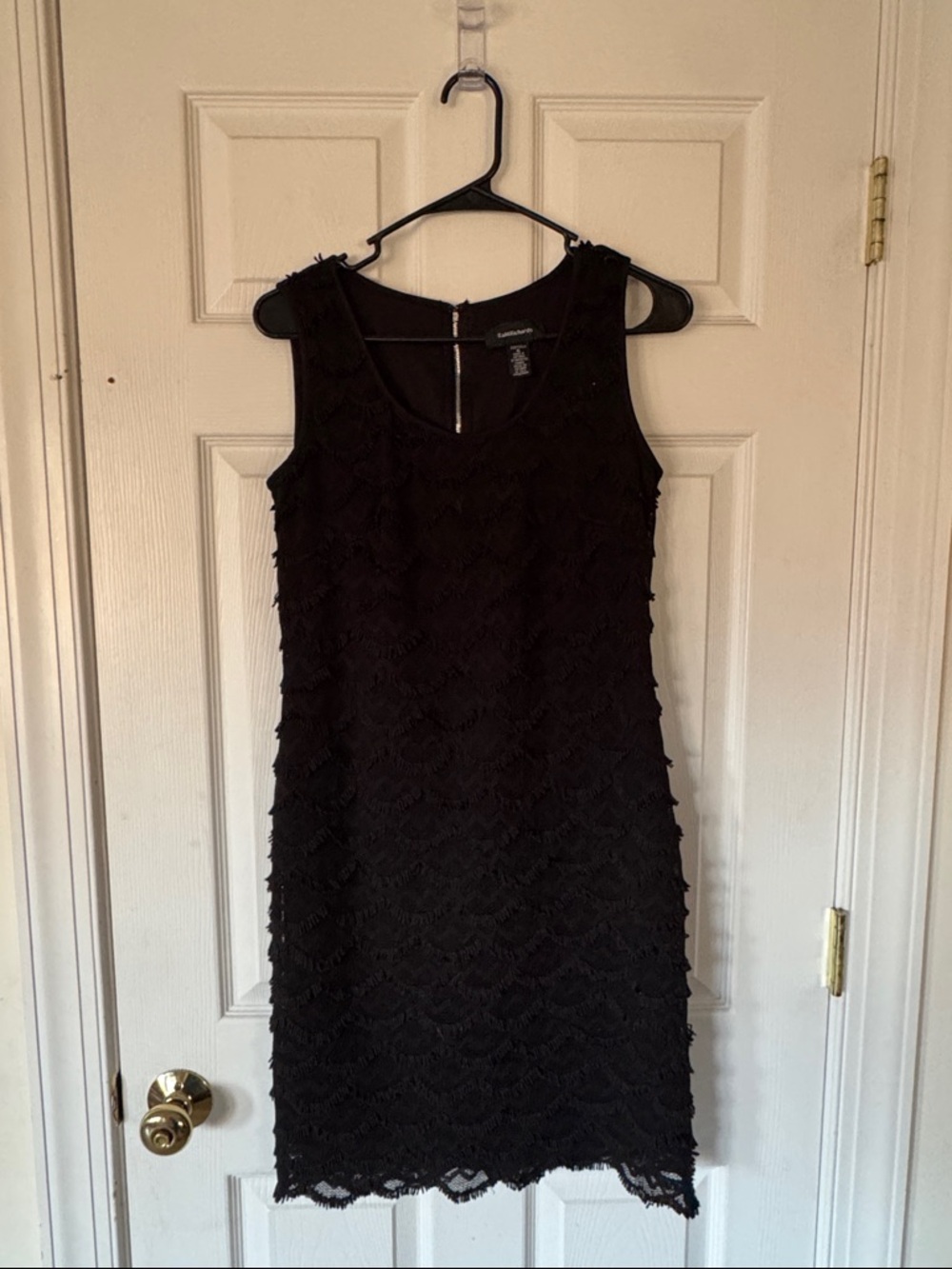 R&M Richards Sleeveless Black Lace Shift Dress w/Fringe - Classic Evening Wear